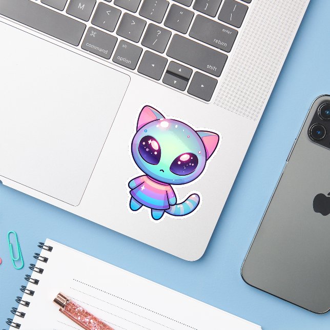 Kawaii Alien Cat with Galactic Eyes and Pastel Out Sticker (Laptop w/ iPhone)