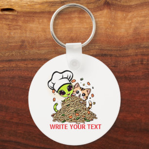 Kawaii Alien Chef Cat Spaghetti Art Keychain