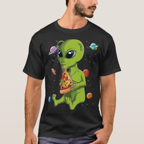 Kawaii Alien Eating Pizza Lover UFO Extraterrestri T_Shirt