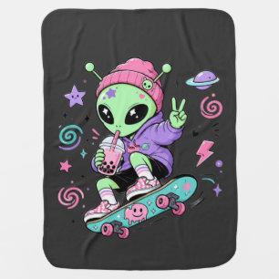 Kawaii Alien Skater Bubble Tea Design Baby Blanket