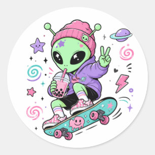 Kawaii Alien Skater Bubble Tea Design Classic Round Sticker