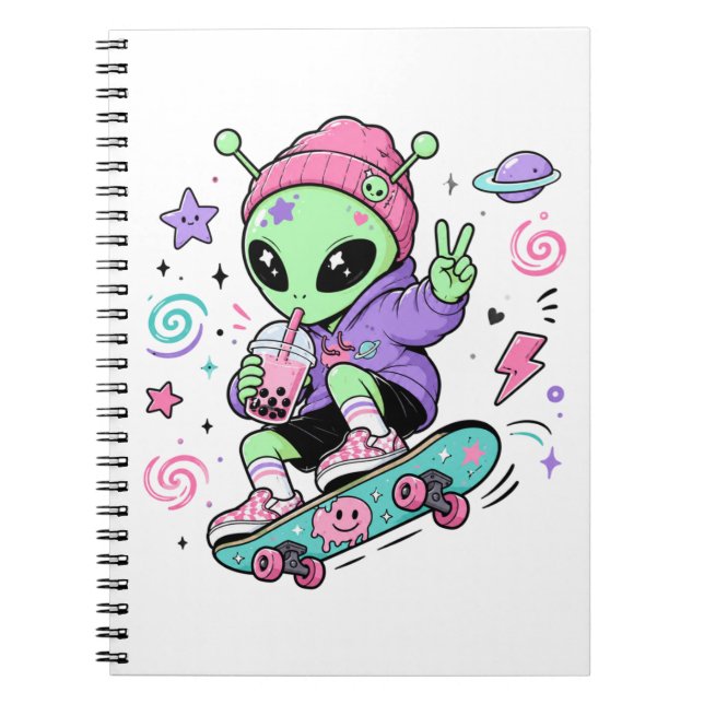 Kawaii Alien Skater Bubble Tea Design Notebook (Front)