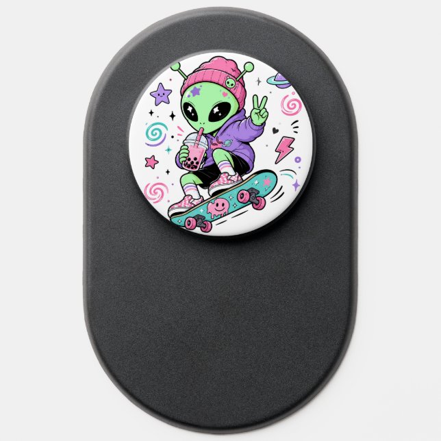 Kawaii Alien Skater Bubble Tea Design PopSocket (Popsocket)