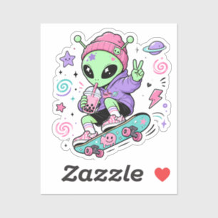 Kawaii Alien Skater Bubble Tea Design Sticker