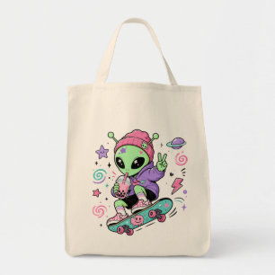 Kawaii Alien Skater Bubble Tea Design Tote Bag