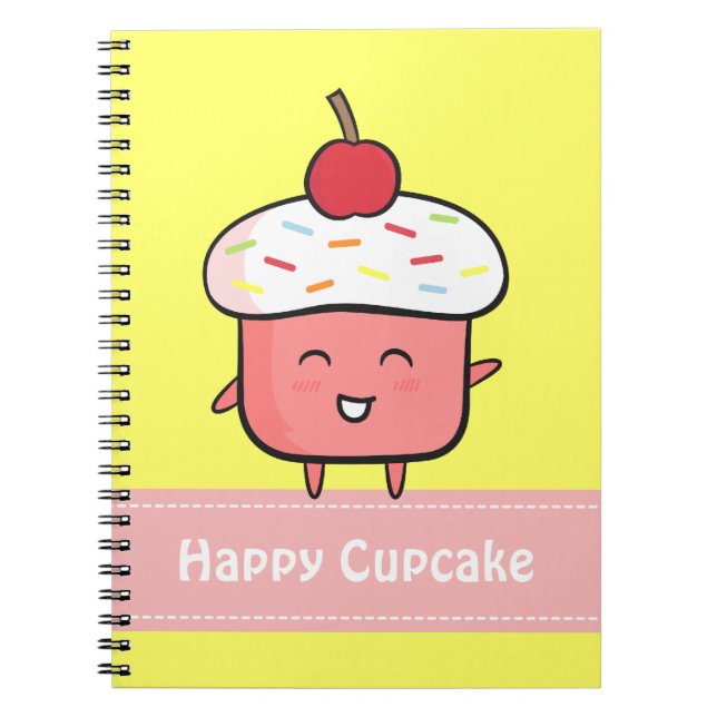 Kawaii and Happy Pink Cupcake with Cherry Notebook (Front)