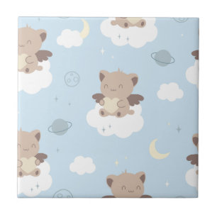 Kawaii Angel Cats on Clouds Pattern Ceramic Tile
