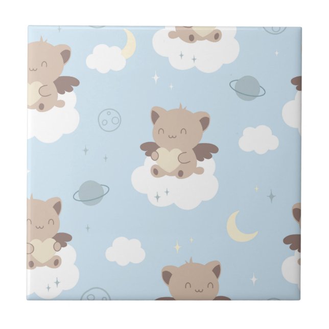 Kawaii Angel Cats on Clouds Pattern Ceramic Tile (Front)