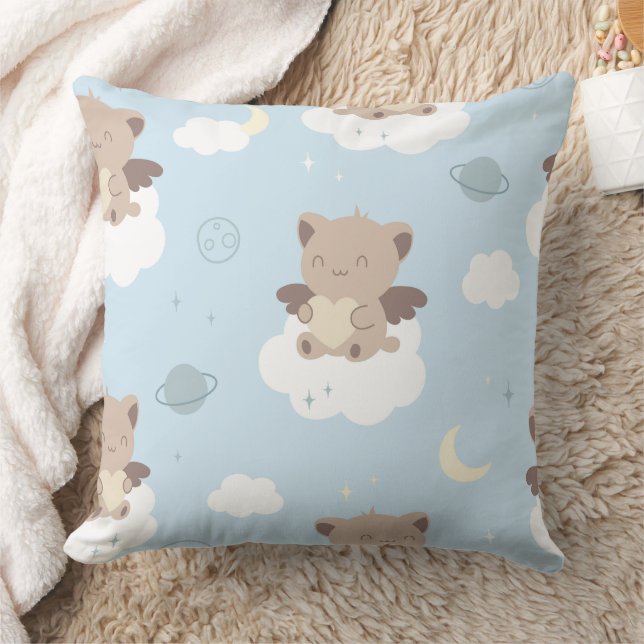 Kawaii Angel Cats on Clouds Pattern Throw Pillow (Blanket)
