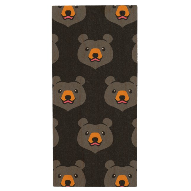 Kawaii Animal Lover Cartoon Black Bear Wood USB Flash Drive (Front Vertical)