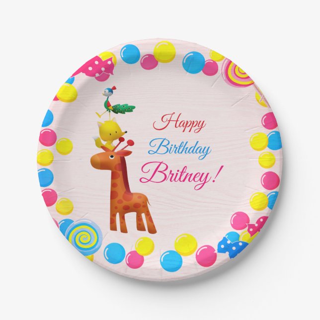 Kawaii Animal Tower Birthday Paper Plates (Front)