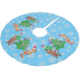Kawaii Animals Dancing Christmas Tree Snow Blue Brushed Polyester Tree Skirt