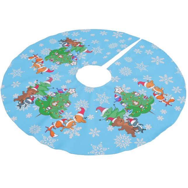Kawaii Animals Dancing Christmas Tree Snow Blue Brushed Polyester Tree Skirt (Angled)