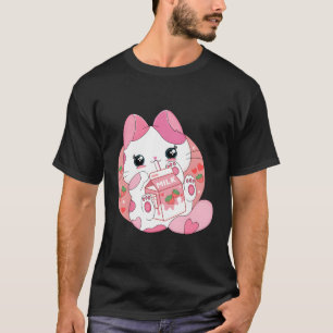 Kawaii Anime Cat Drinking Strawberry Milk Japanese T-Shirt