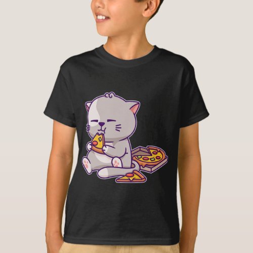 Kawaii Anime Cat Eating Pizza Cute Kitten Cat Neko T_Shirt