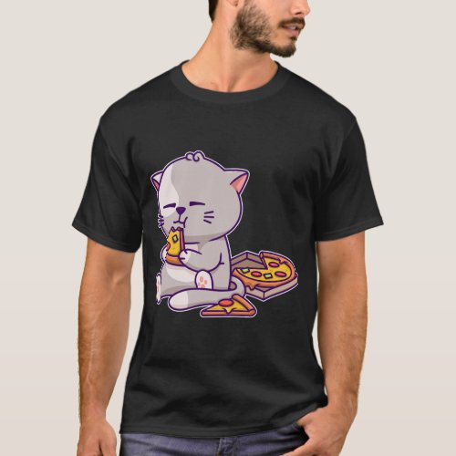 Kawaii Anime Cat Eating Pizza Cute Kitten Cat Neko T_Shirt