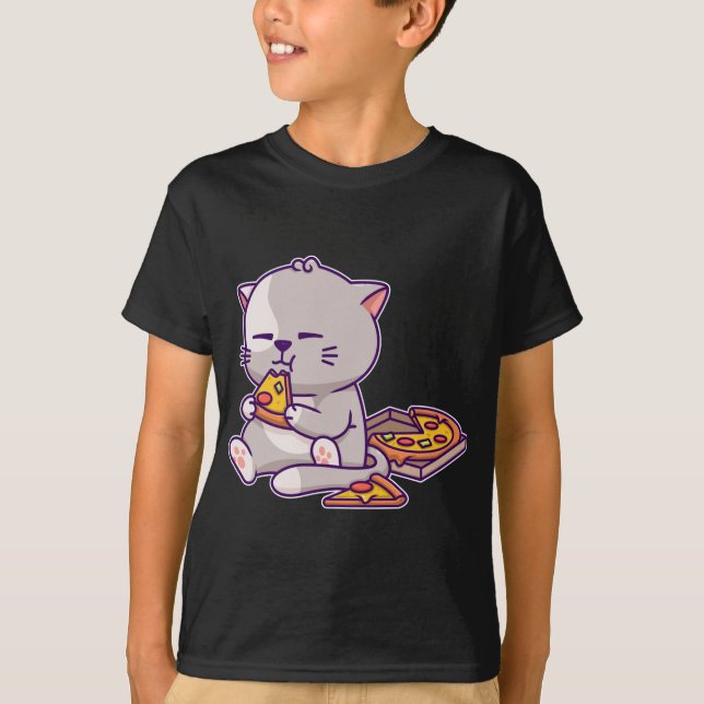 Kawaii Anime Cat Eating Pizza Cute Kitten Cat Neko T-Shirt (Front)