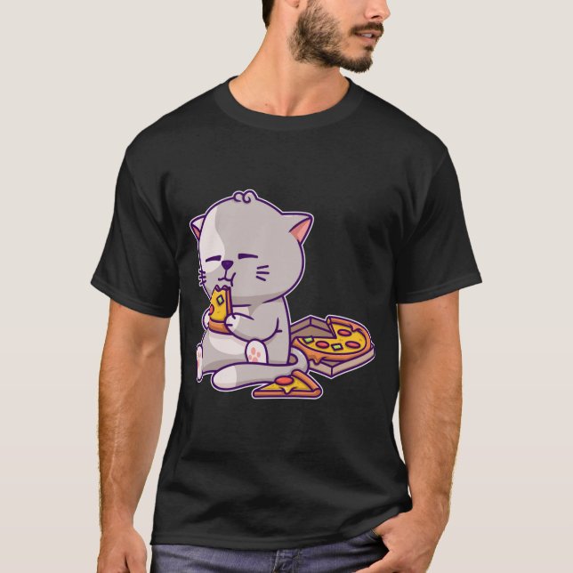 Kawaii Anime Cat Eating Pizza Cute Kitten Cat Neko T-Shirt (Front)