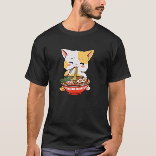 Kawaii Anime Cat Eating Ramen Japanese Noodles Cat T_Shirt