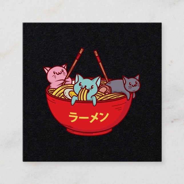 Kawaii Anime Cat Funny Adorable Japanese Ramen Square Business Card (Front)