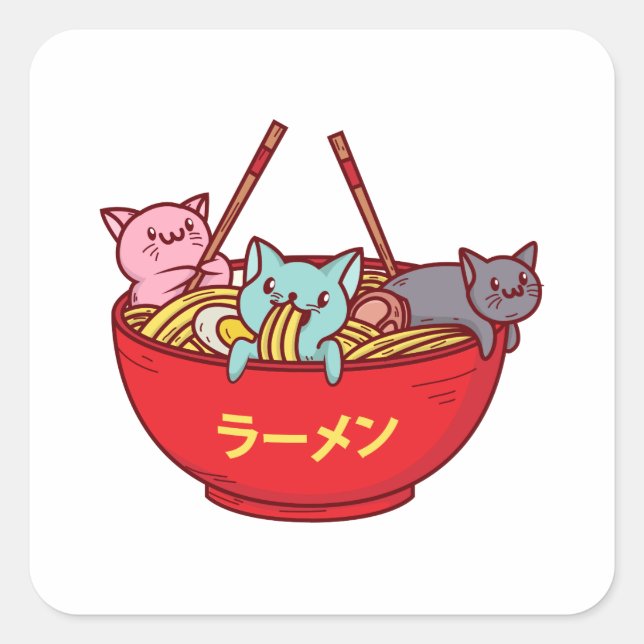 Kawaii Anime Cat Funny Adorable Japanese Ramen Square Sticker (Front)