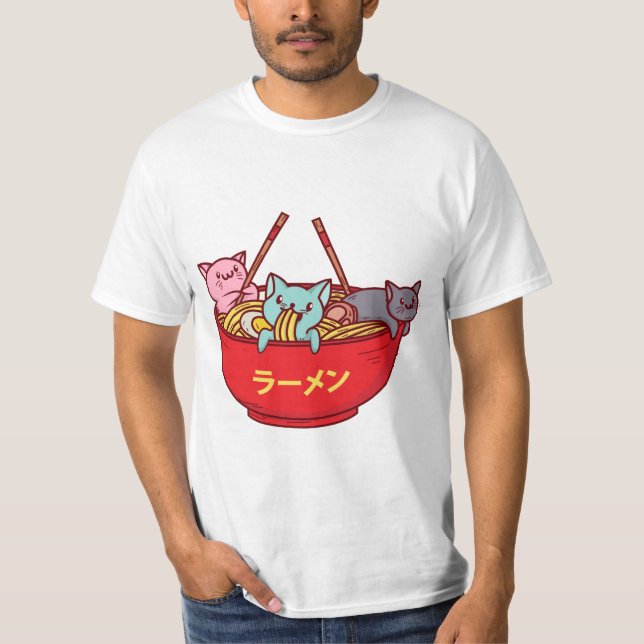 Kawaii Anime Cat Funny Adorable Japanese Ramen T-Shirt (Front)