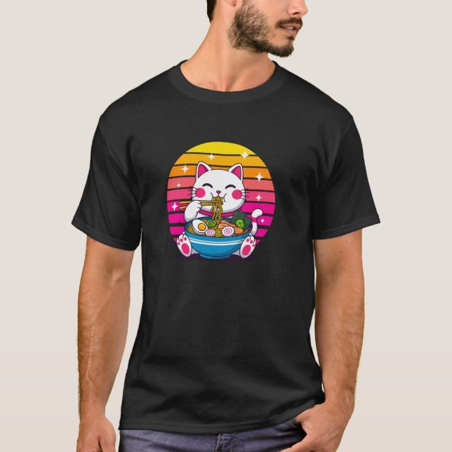 Kawaii Anime Cat Ramen Retro Japanese Noodles Cute T-Shirt (Front)