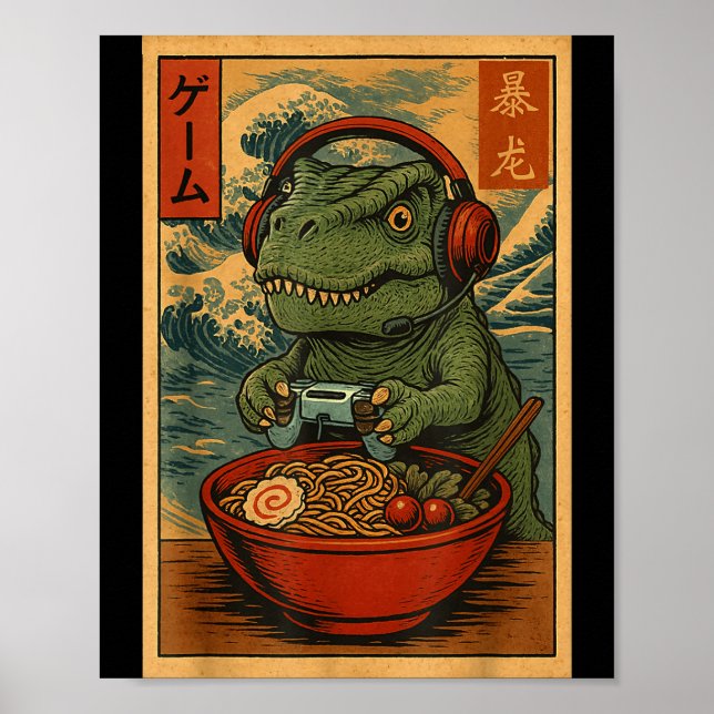 Kawaii Anime Gamer T-rex Ramen Retro Japanese Gami Poster (Front)