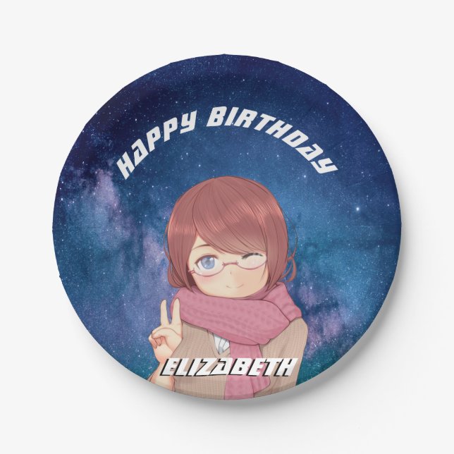 Kawaii Anime Girl galaxy Paper Plates (Front)