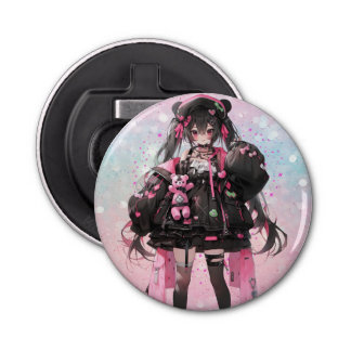 Kawaii Anime Girl in Pink and Black Dress Bottle Opener