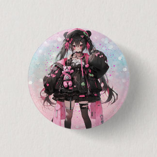 Kawaii Anime Girl in Pink and Black Dress Button