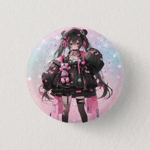 Kawaii Anime Girl in Pink and Black Dress  Button