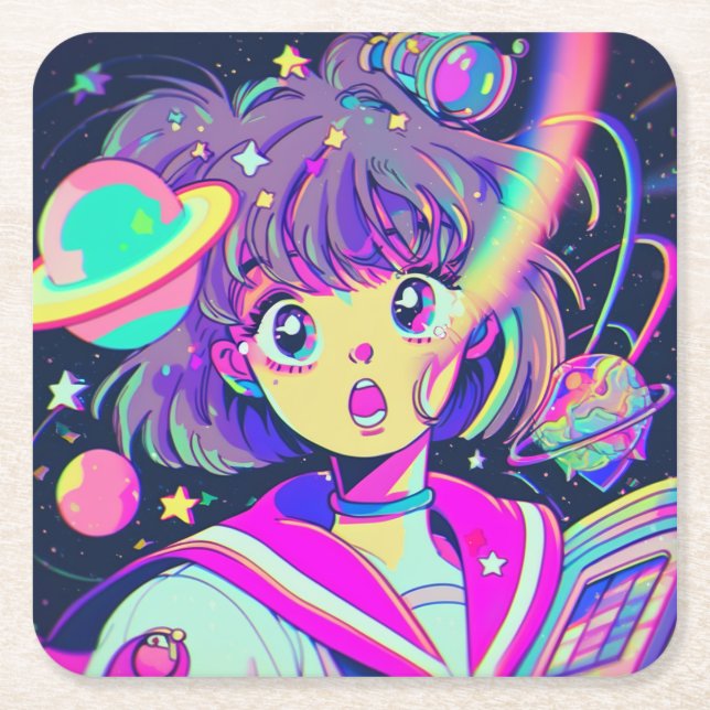 Kawaii Anime Girl Square Paper Coaster (Front)