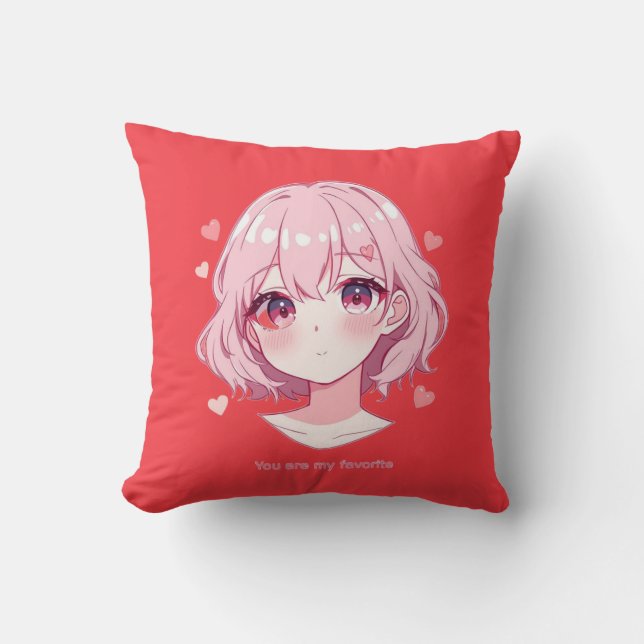 Kawaii Anime Girl Valentine Sweatshirt Throw Pillow (Front)