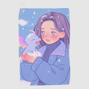 Kawaii Anime Girl With Baby Dragon in Winter Snow Golf Towel