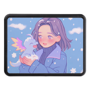 Kawaii Anime Girl With Baby Dragon in Winter Snow Hitch Cover
