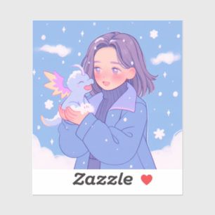 Kawaii Anime Girl With Baby Dragon in Winter Snow Sticker