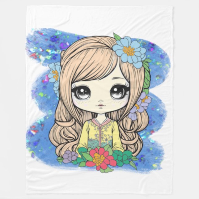 Kawaii, Anime Girl With Blue Watercolor & Glitter Fleece Blanket (Front)