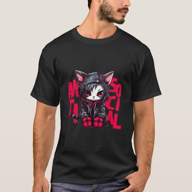 Kawaii Anime Gothic Cat Chibi Antisocial Hera Grun T-Shirt (Front)
