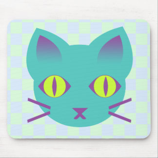 Kawaii Anime Kitty Cat Blue & Green Checks Mouse Pad