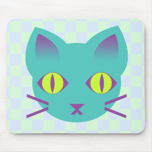 Kawaii Anime Kitty Cat Blue & Green Checks Mouse Pad (Front)