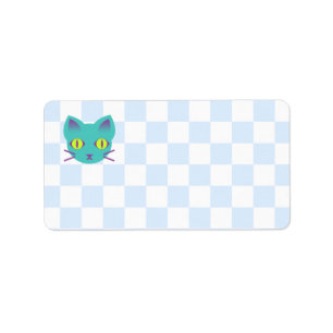 Kawaii Anime Kitty Cat Blue & White Checkerboard Label