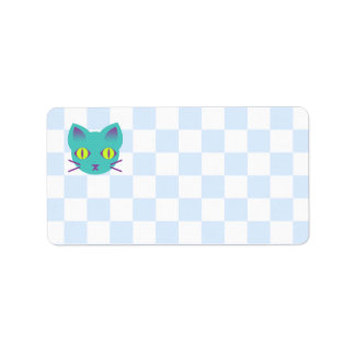 Kawaii Anime Kitty Cat Blue & White Checkerboard Label