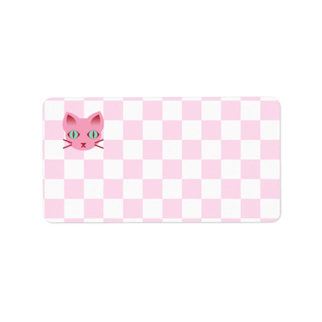 Kawaii Anime Kitty Cat Pink & White Checkerboard Label (Front)