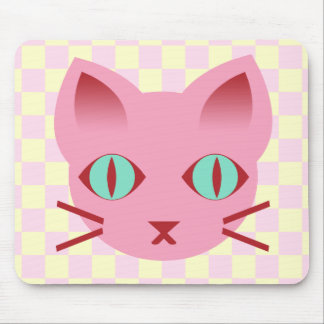 Kawaii Anime Kitty Cat Pink & Yellow Checks Mouse Pad