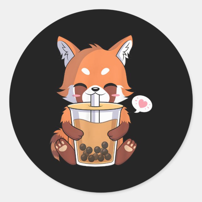 Kawaii Anime Red Panda Drinking Boba Bubble Tea Classic Round Sticker (Front)