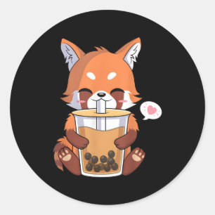 Kawaii Anime Red Panda Drinking Boba Bubble Tea Classic Round Sticker