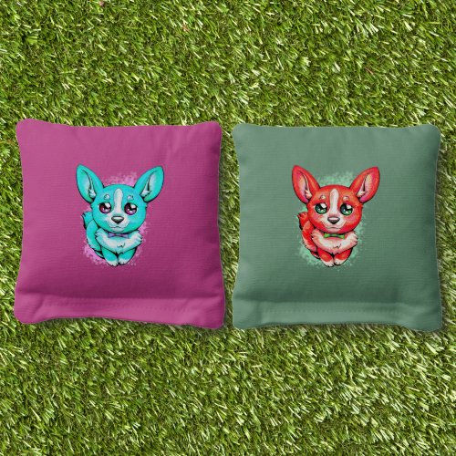 Kawaii Anime Red  Turquoise Cute Corgi Puppy Dog Cornhole Bags