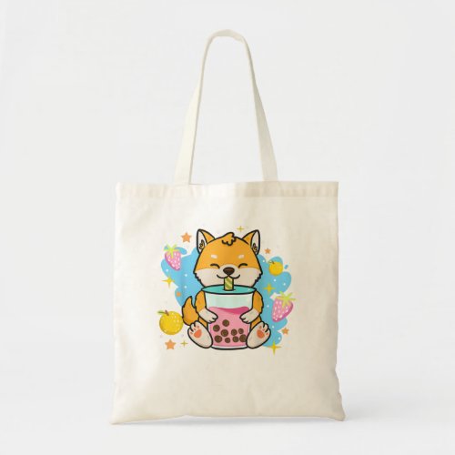 Kawaii Anime Shiba Inu Dog Drinking Boba Bubble Te Tote Bag