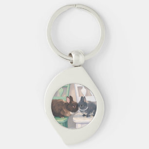 Kawaii Anime Two Bunnies Silver Metal Keychain
